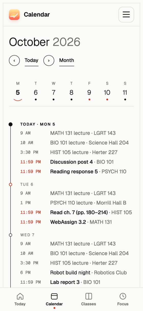 A week calendar with lectures, due dates and a club event