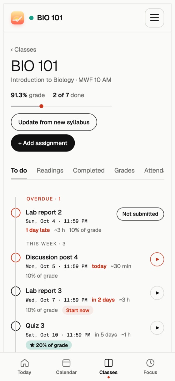 A class page with overdue work, this week's assignments and a quiz