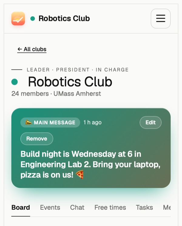A club page with a pinned main message
