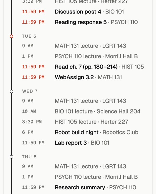 A week calendar with a club event between classes