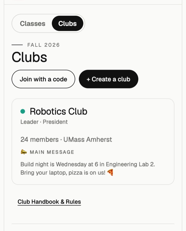 The Clubs page with a Robotics Club card