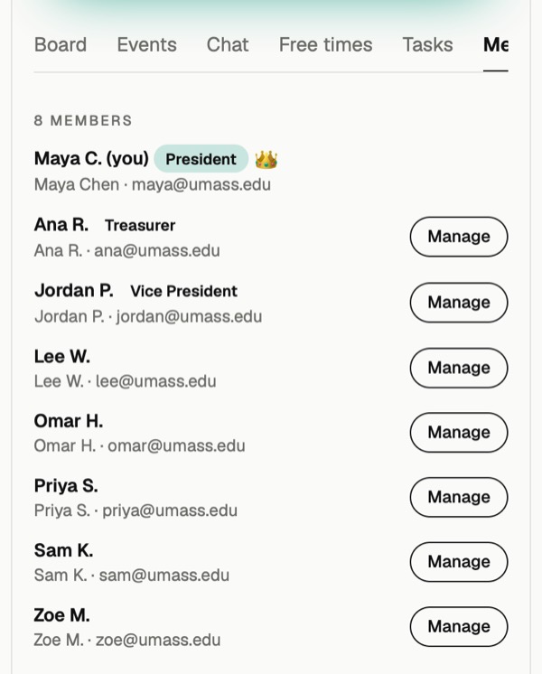 A member list with roles