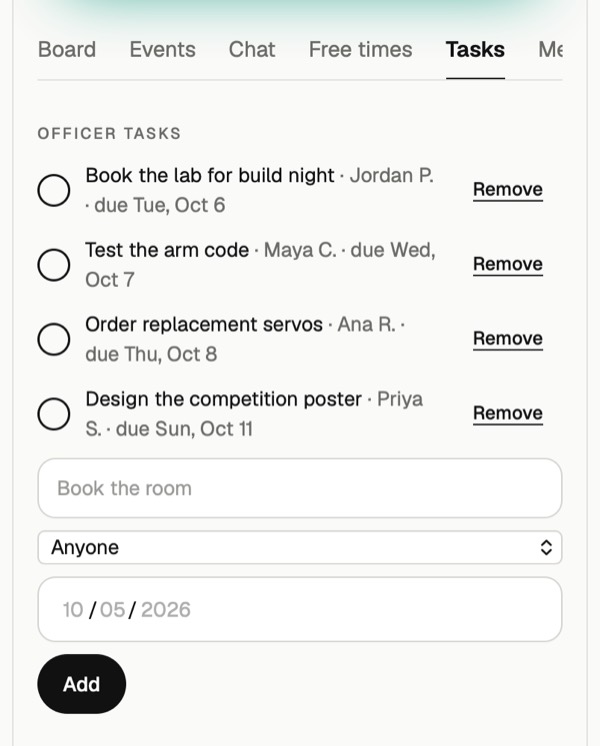 Officer tasks with names and due dates