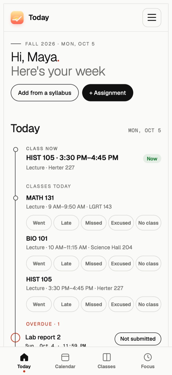 Due Next on a phone: today's classes and what's due